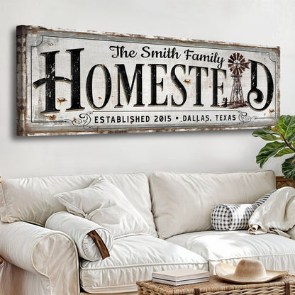 Vintage rust homestead vertical canvas sign with warm earthy lettering