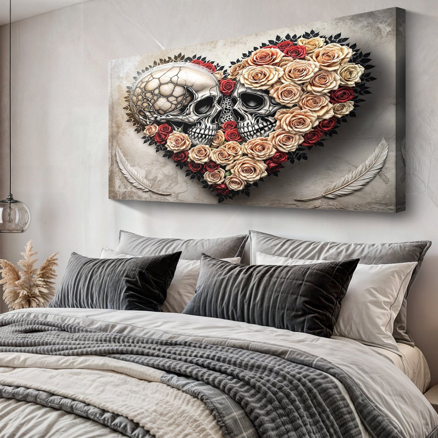Skull and Flowers Gothic Canvas Wall Art