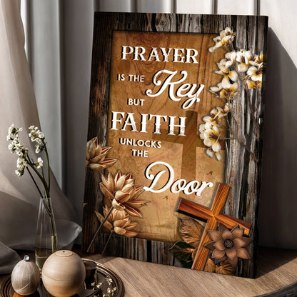 Prayer Is the Key Wooden Cross Brown Wood-Look canvas shown in a styled room setting, view 3