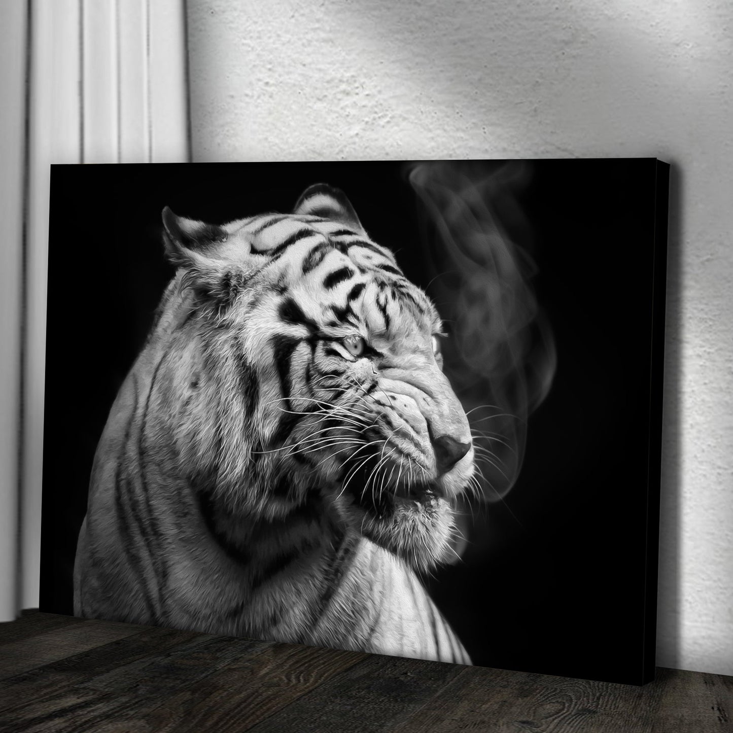 Black and White Smoking Tiger Canvas Wall Art