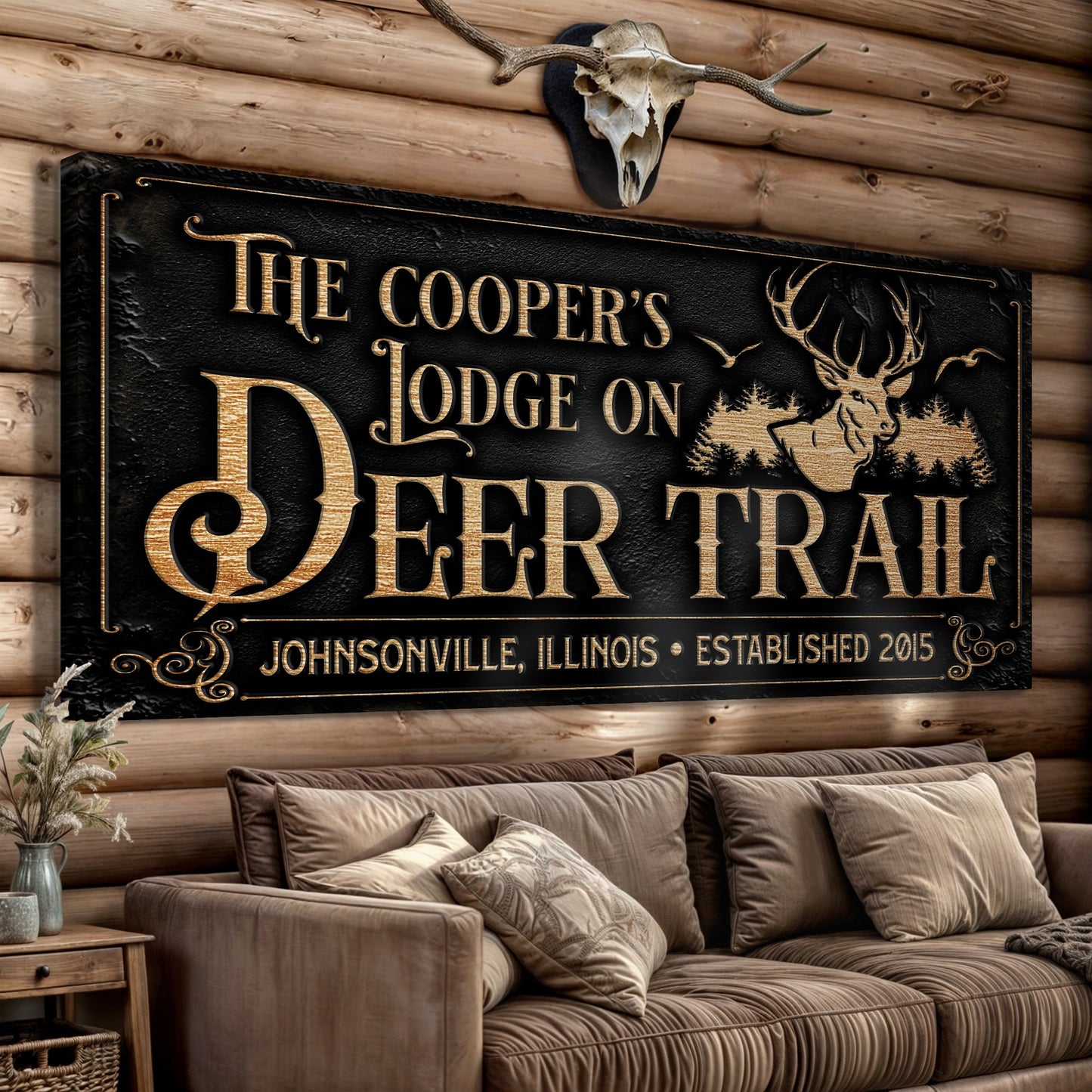 Hunting lodge canvas wall art sign with earthy rustic design, gallery-wrapped and ready to hang