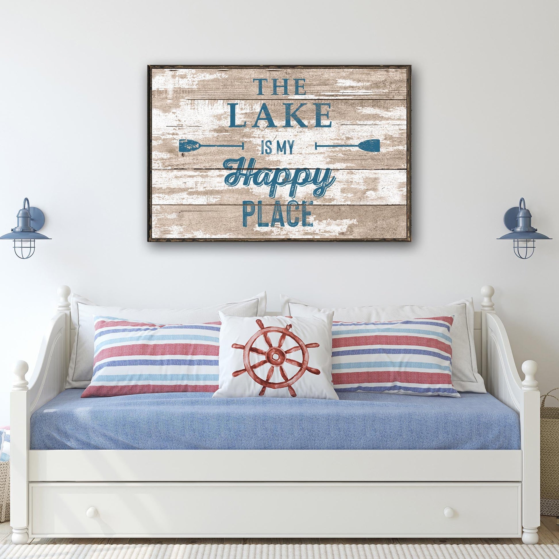 The Lake Is My Happy Place rustic word-art canvas sign for a lake house