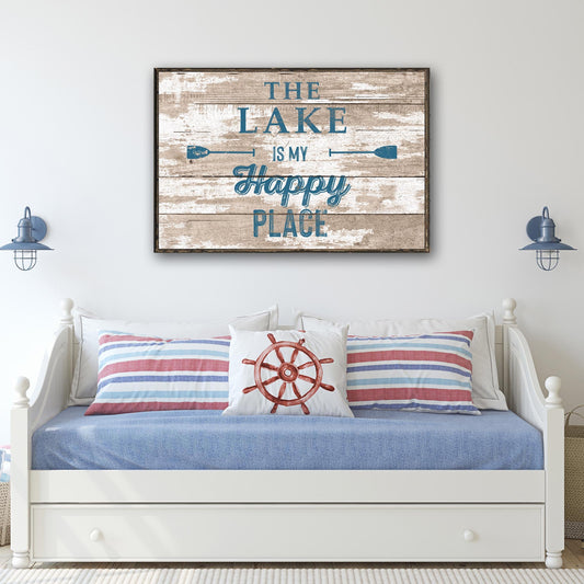 The Lake Is My Happy Place rustic word-art canvas sign for a lake house