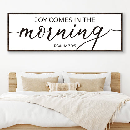 Joy Comes in the Morning Black Script canvas shown in a styled room setting, view 2