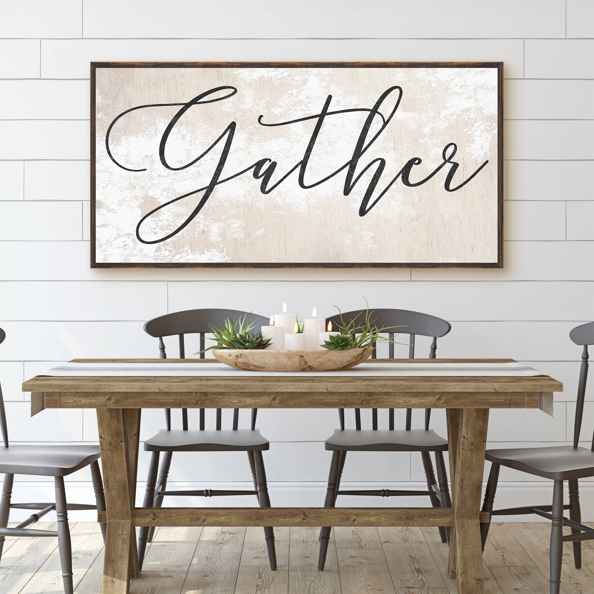 Neutral-tone Gather canvas sign wall art for living rooms and farmhouse dining