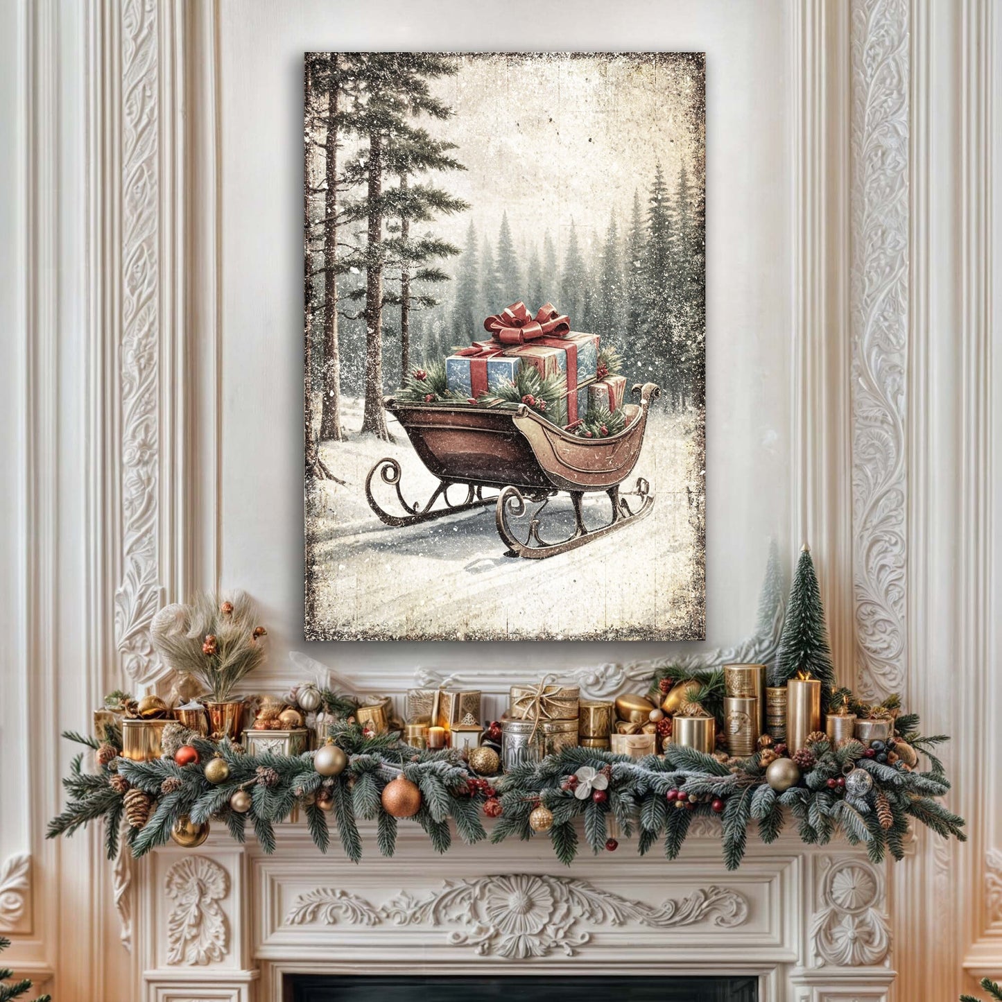 Vintage Christmas Sleigh Sled Canvas Wall Art