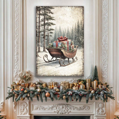 Brown Sleigh Under Tall Pines canvas shown in a styled room setting, view 2