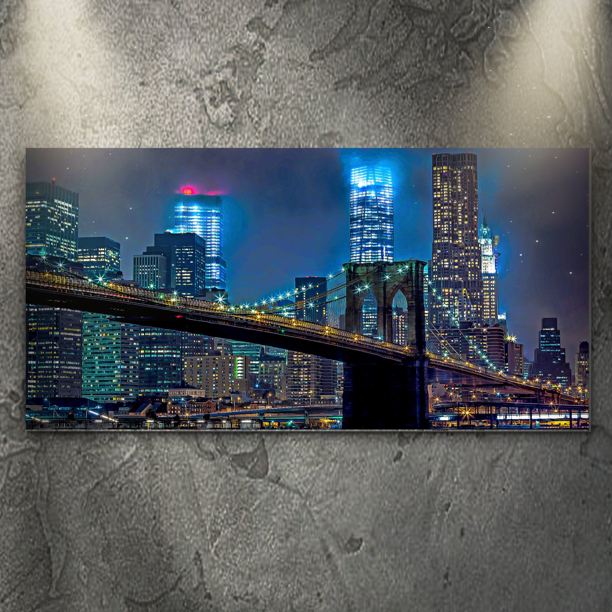 Brooklyn Bridge night view canvas wall art with glowing city lights and NYC skyline