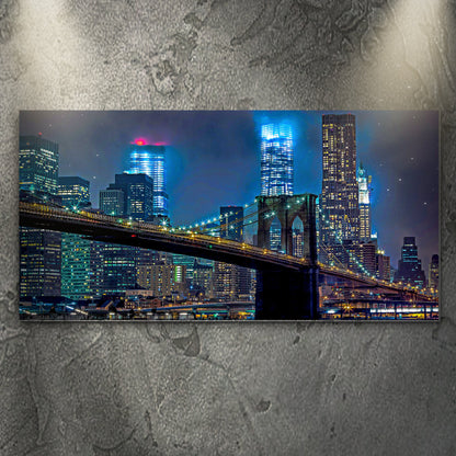Brooklyn Bridge night view canvas wall art with glowing city lights and NYC skyline