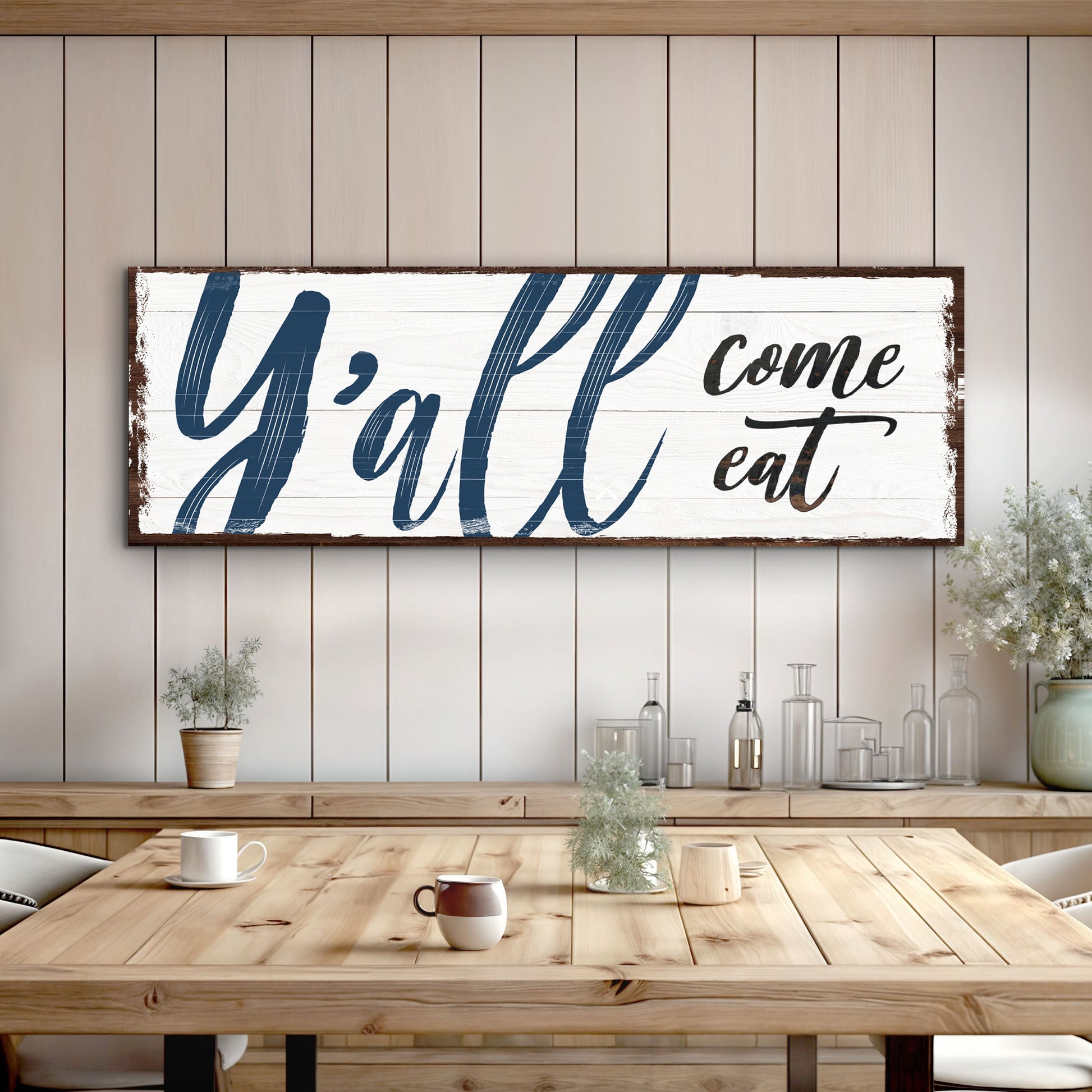 Y'all Come Eat southern kitchen canvas sign with welcoming farmhouse lettering