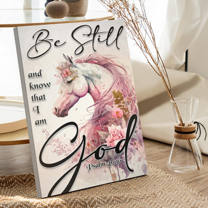 Psalm 46:10 Be Still Pink Floral Horse canvas shown in a styled room setting, view 3