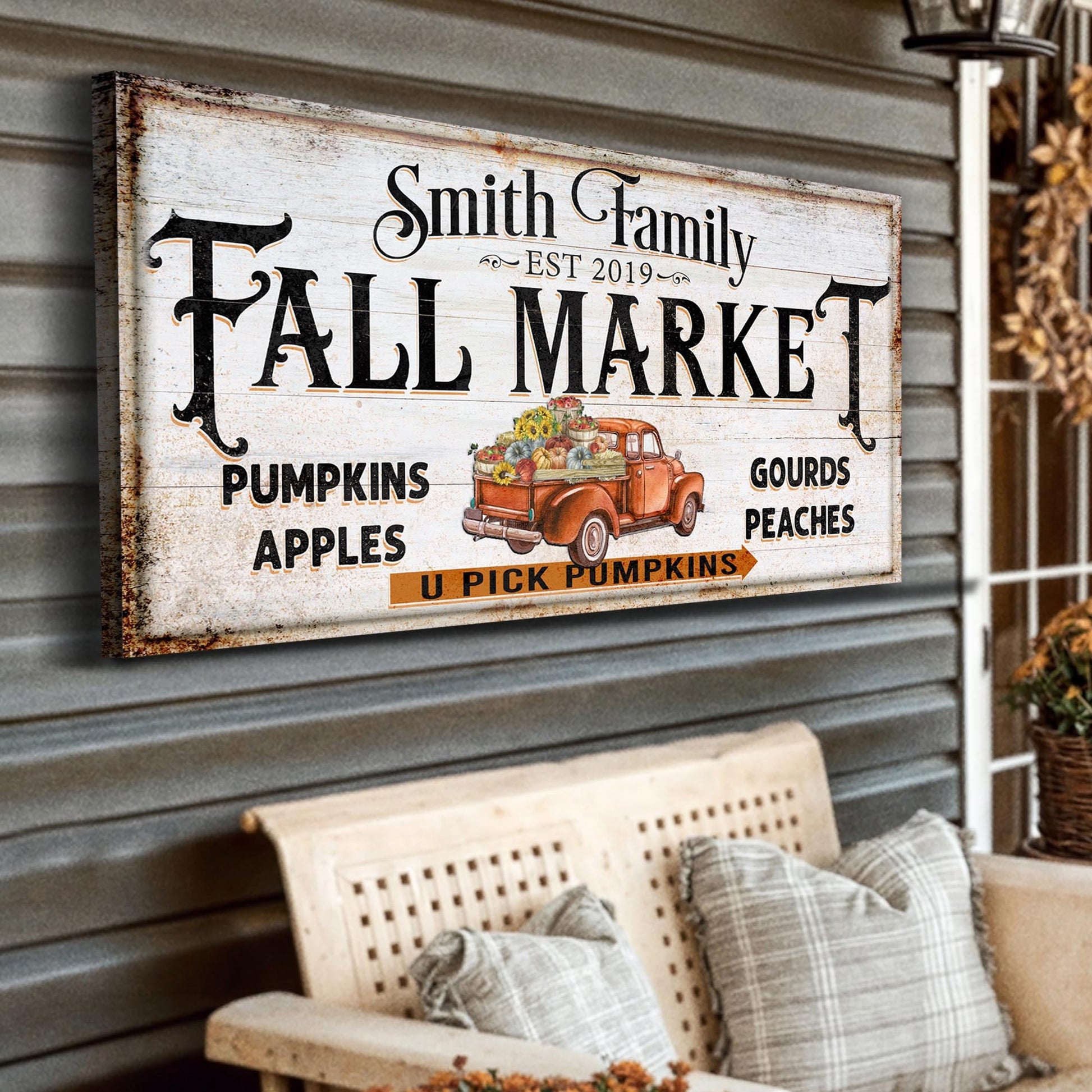 Fall market pumpkin patch canvas wall art sign with vintage harvest typography