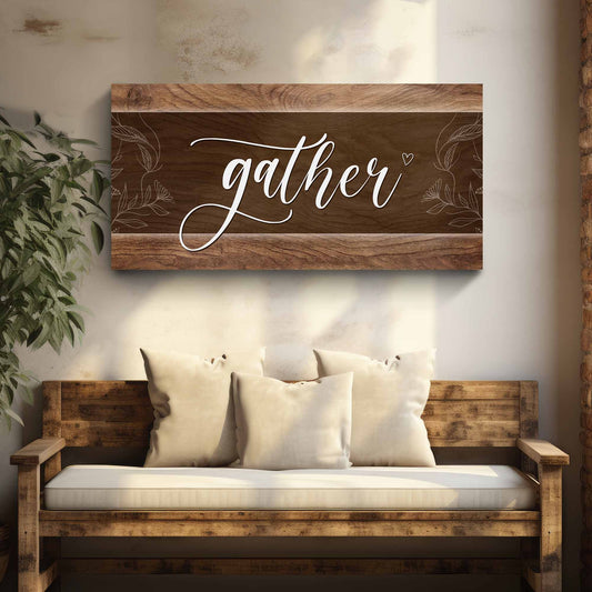 Gather canvas wall art sign with bold farmhouse lettering, gallery-wrapped, made in the USA