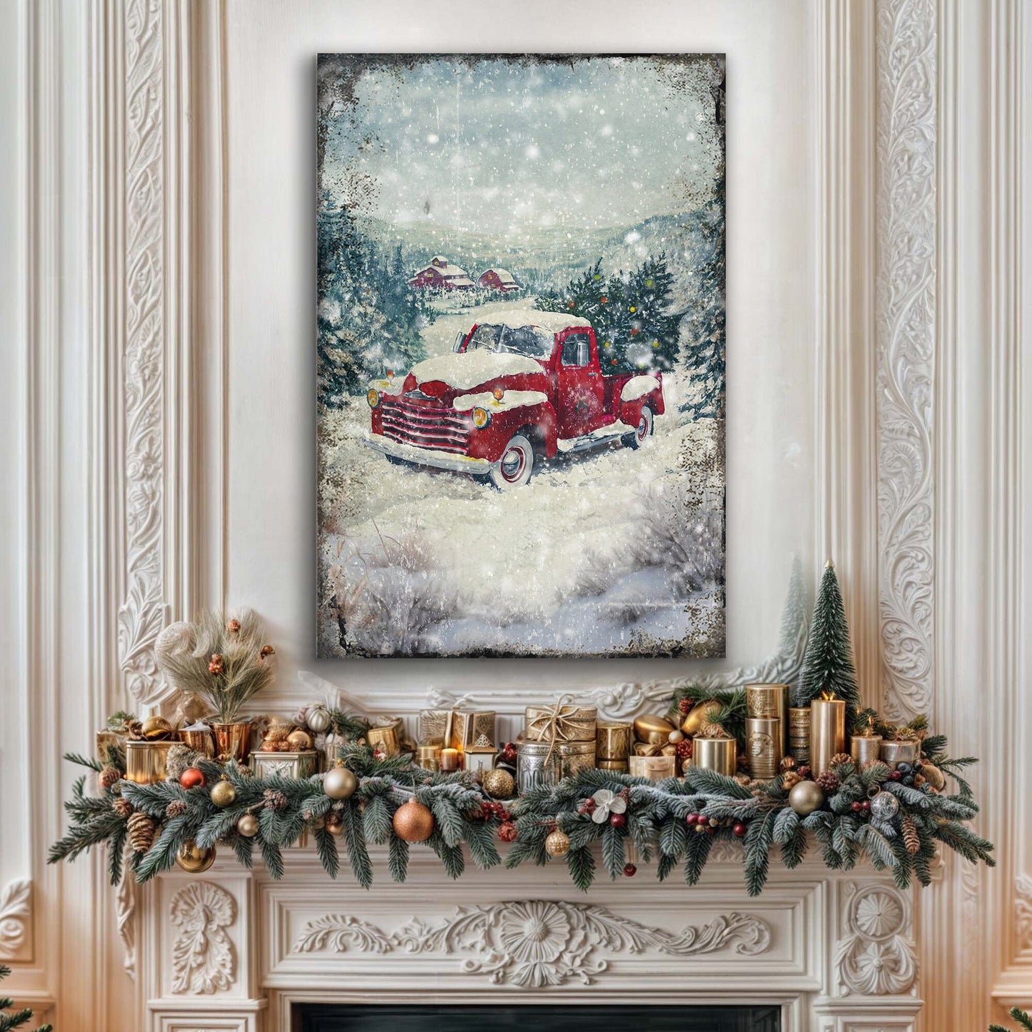 Vintage Truck With Christmas Tree Canvas Wall Art II