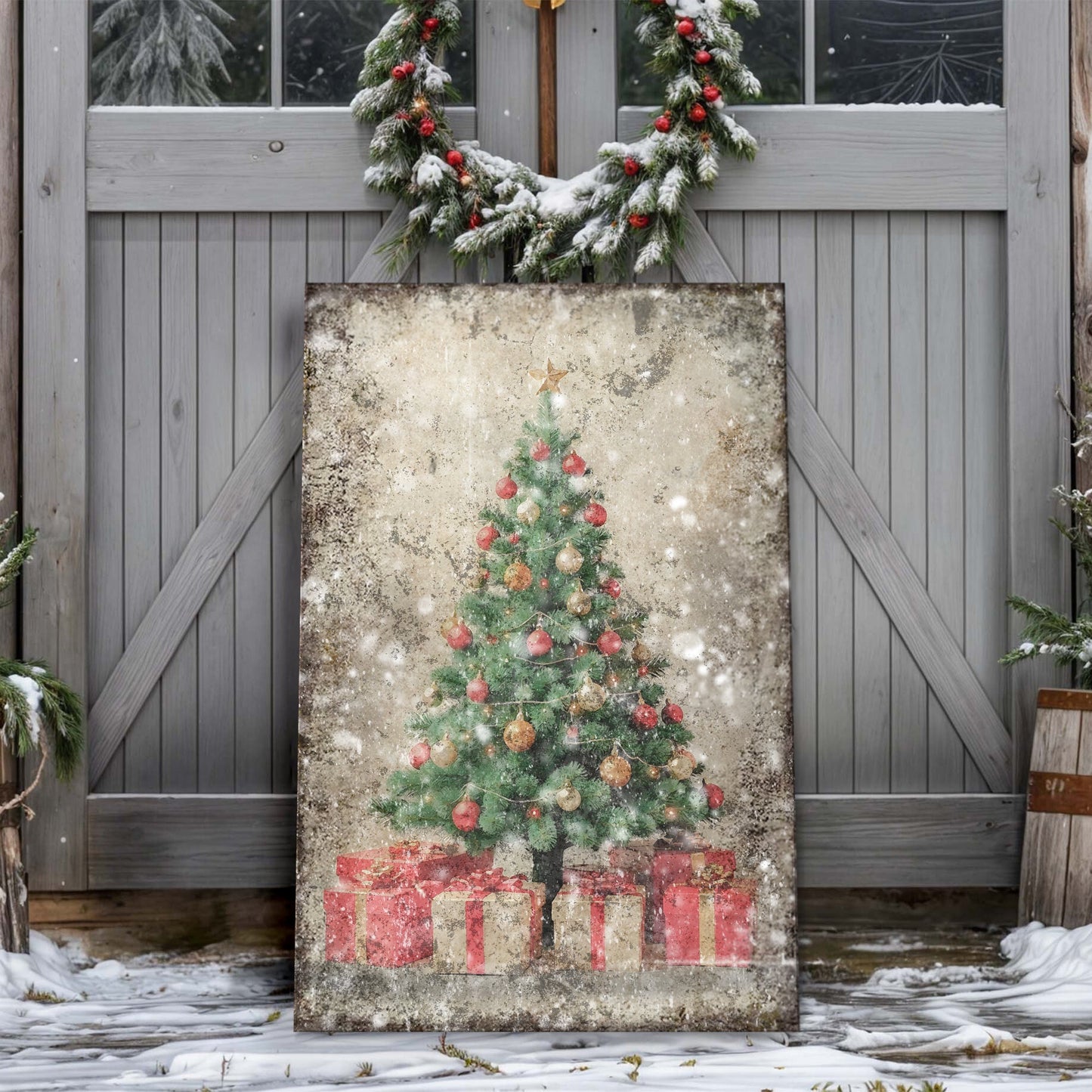 Vintage Christmas Tree With Gifts canvas wall art III, richly colored tree and gifts illustration