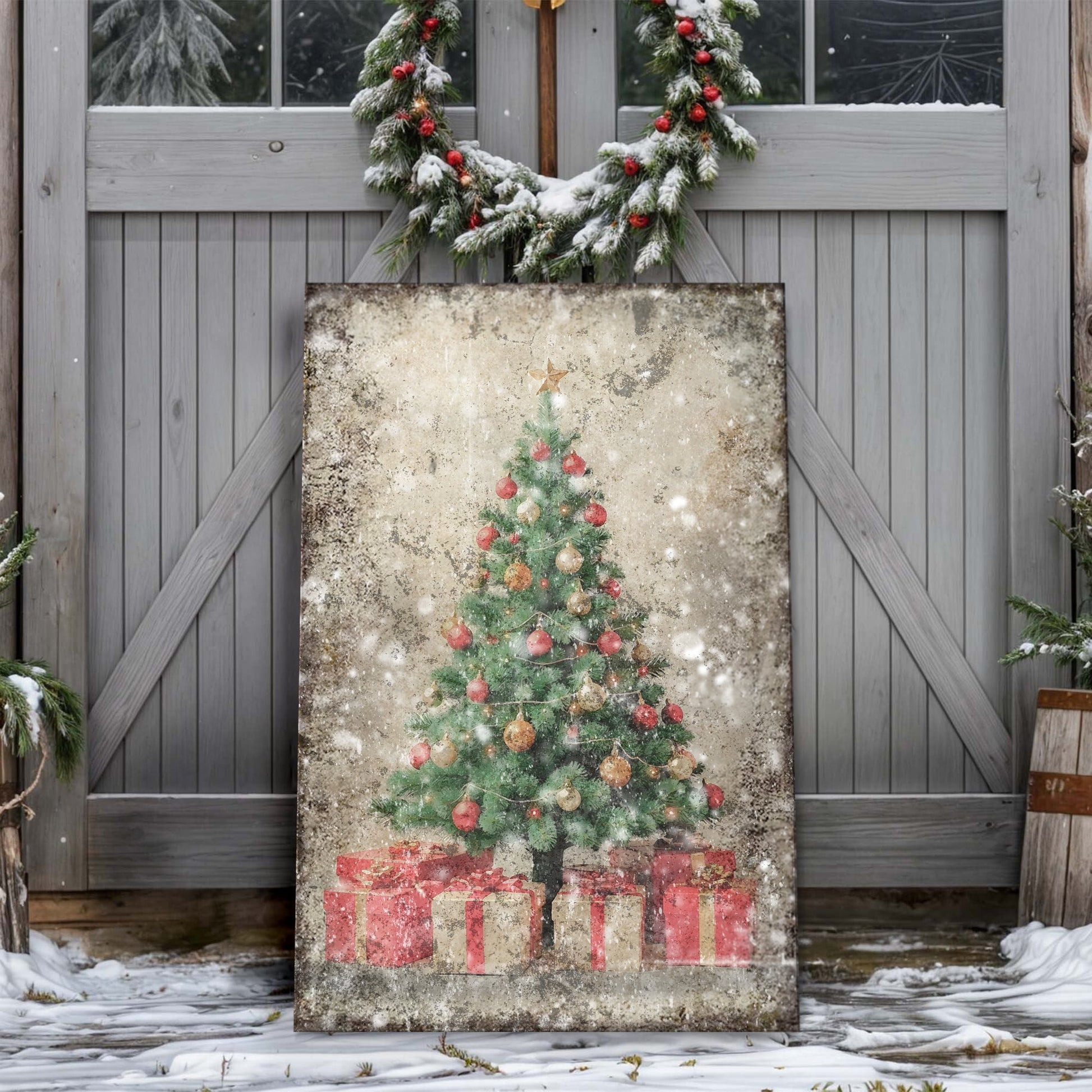 Vintage Christmas Tree With Gifts canvas wall art III, richly colored tree and gifts illustration