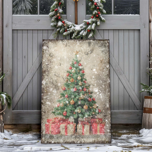 Vintage Christmas Tree With Gifts canvas wall art III, richly colored tree and gifts illustration