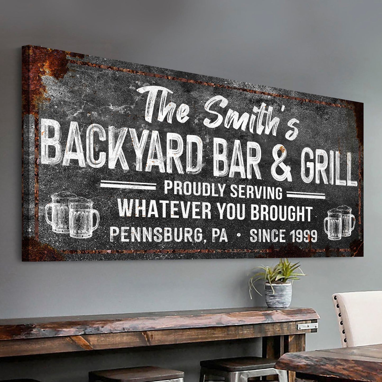 Backyard bar and grill canvas sign deck decor