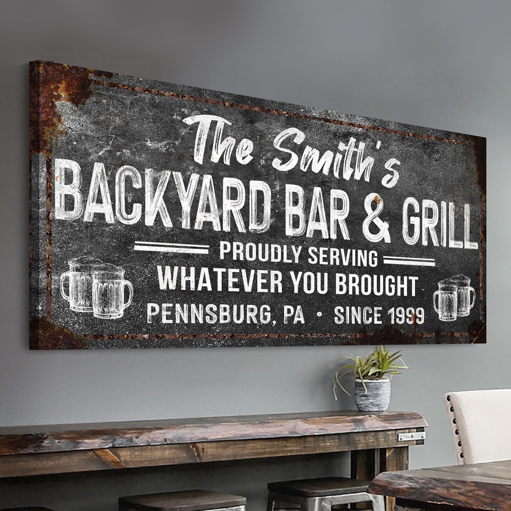 Backyard bar and grill canvas sign deck decor