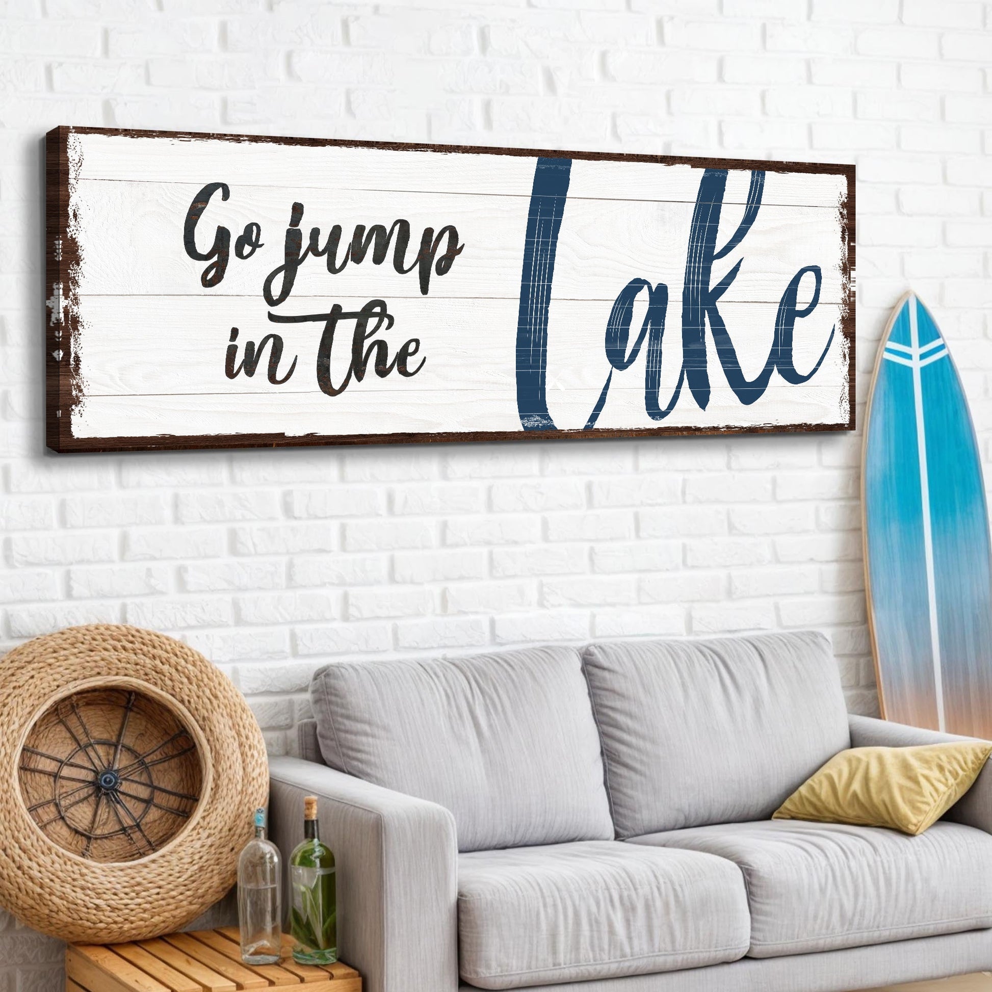 Go Jump in the Lake canvas wall art sign for lake houses and cabin living rooms
