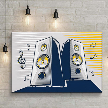 Pop art speakers canvas on a white brick wall under pendant lights