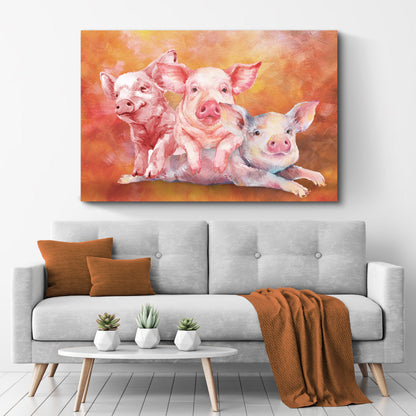 Three Piglets Watercolor canvas shown in a styled room setting, view 3