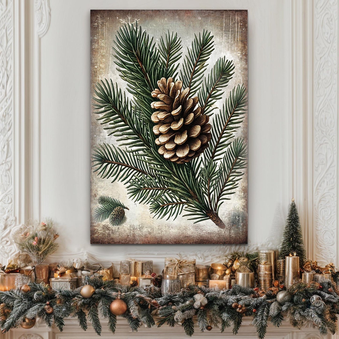 Vintage Winter Pine Cone Canvas Wall Art