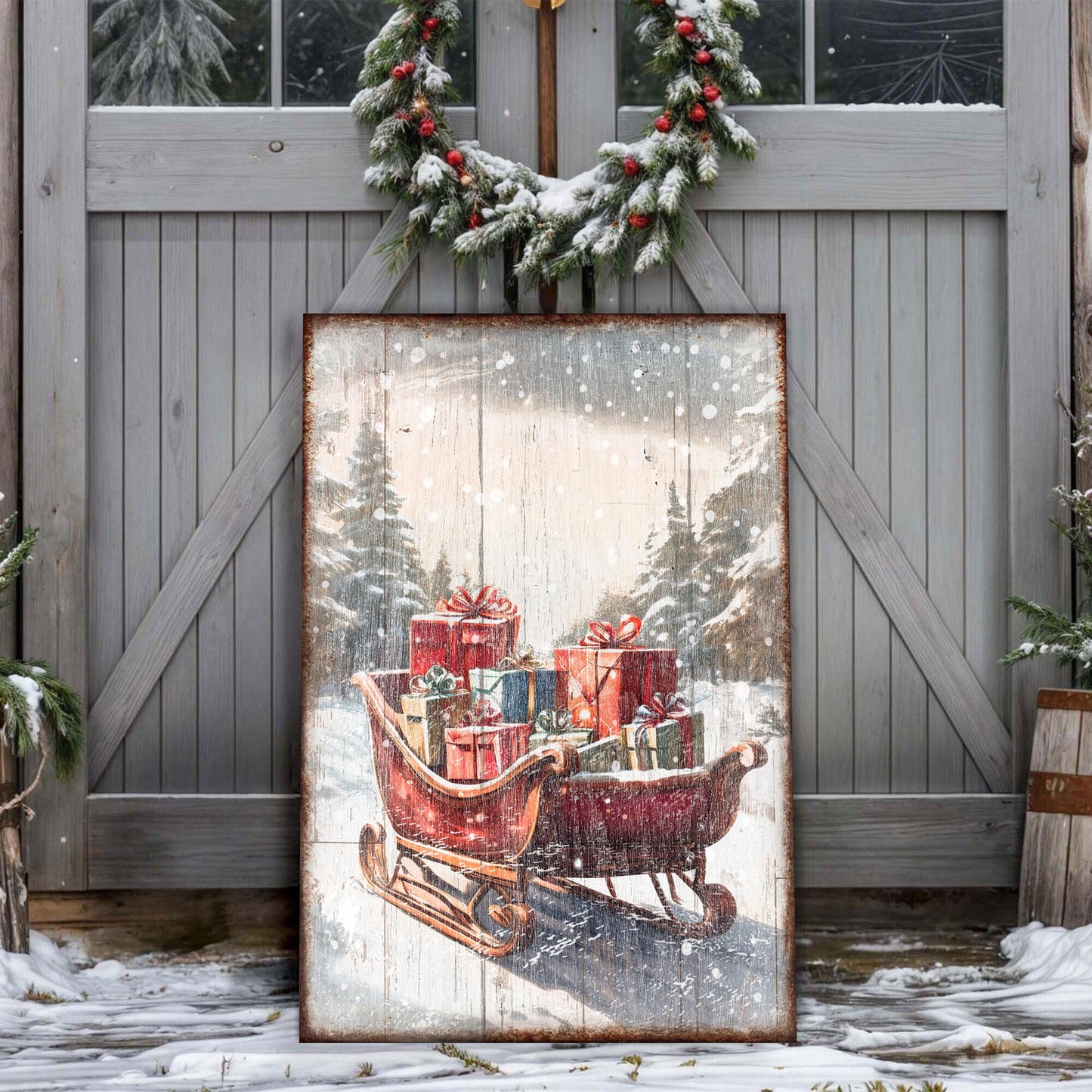 Vintage Christmas Sleigh Sled canvas wall art V, sleigh in motion through snowy countryside