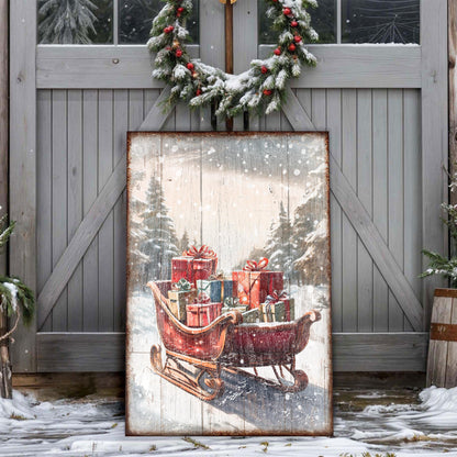 Canvas of a red sleigh piled with red and green wrapped gifts in falling snow, leaning on a gray barn door