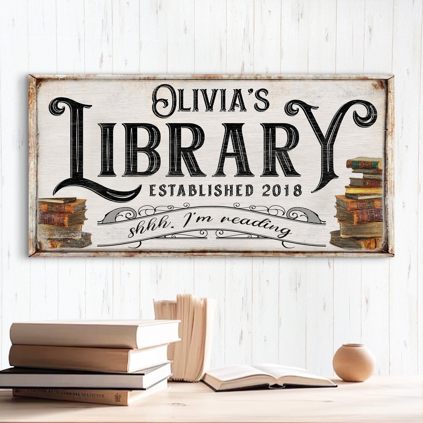 Shhh I'm Reading library canvas sign with playful bookish quote for home library or reading nook