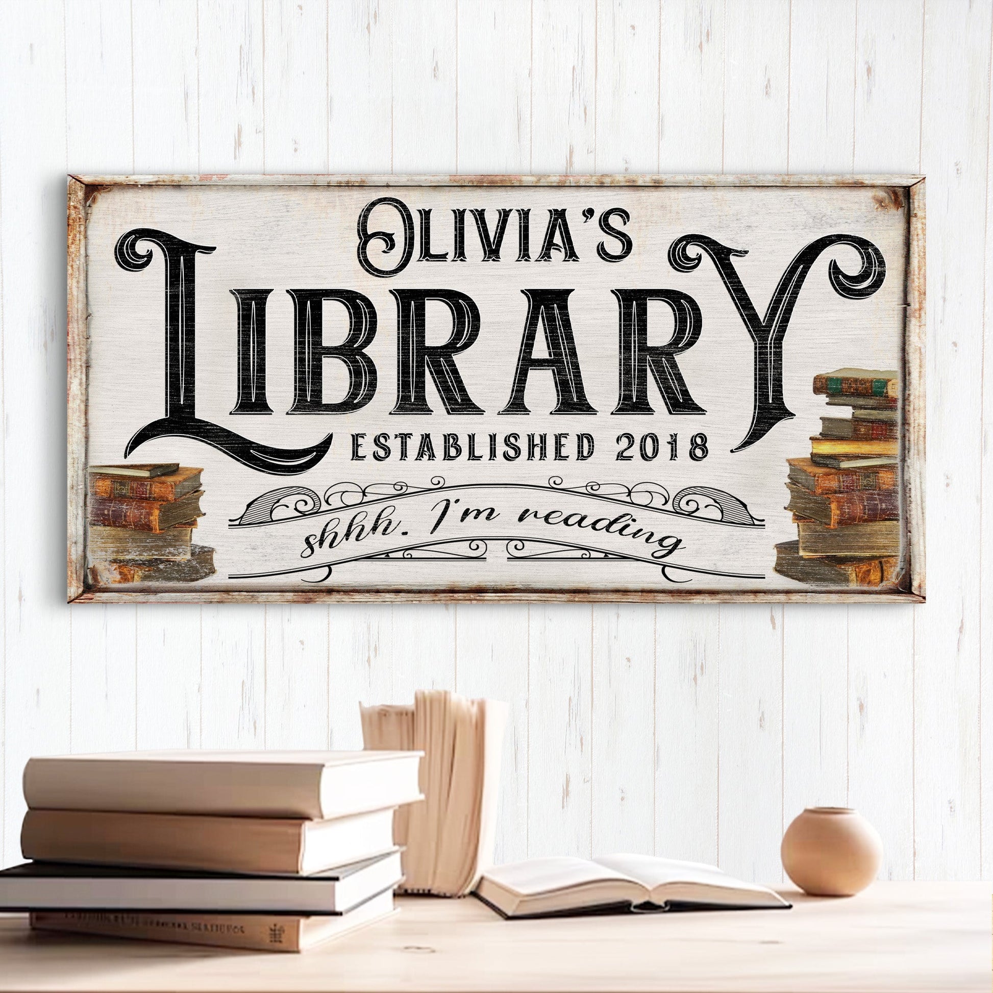 Shhh I'm Reading library canvas sign with playful bookish quote for home library or reading nook