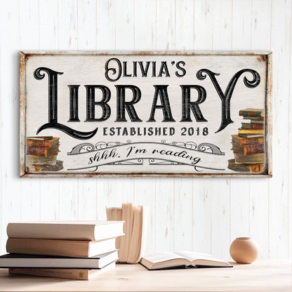 Shhh I'm Reading library canvas sign with playful bookish quote for home library or reading nook