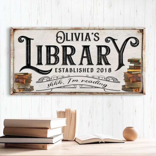 Shhh I'm Reading library canvas sign with playful bookish quote for home library or reading nook
