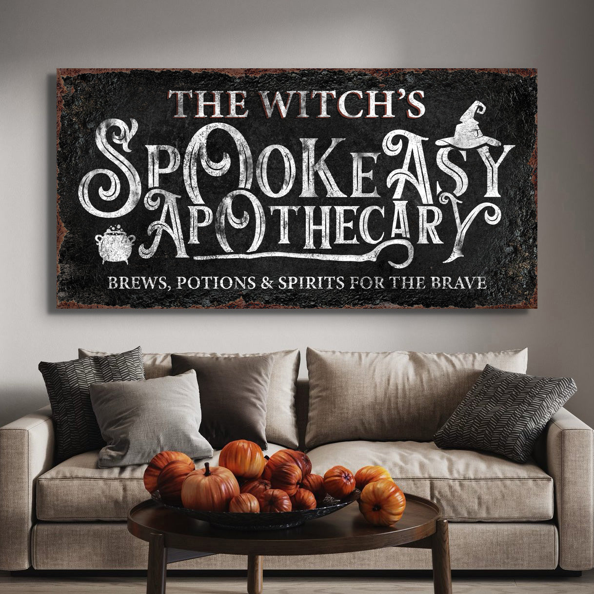 Bewitched Speakeasy Bar Halloween canvas wall art sign with dark vintage speakeasy design