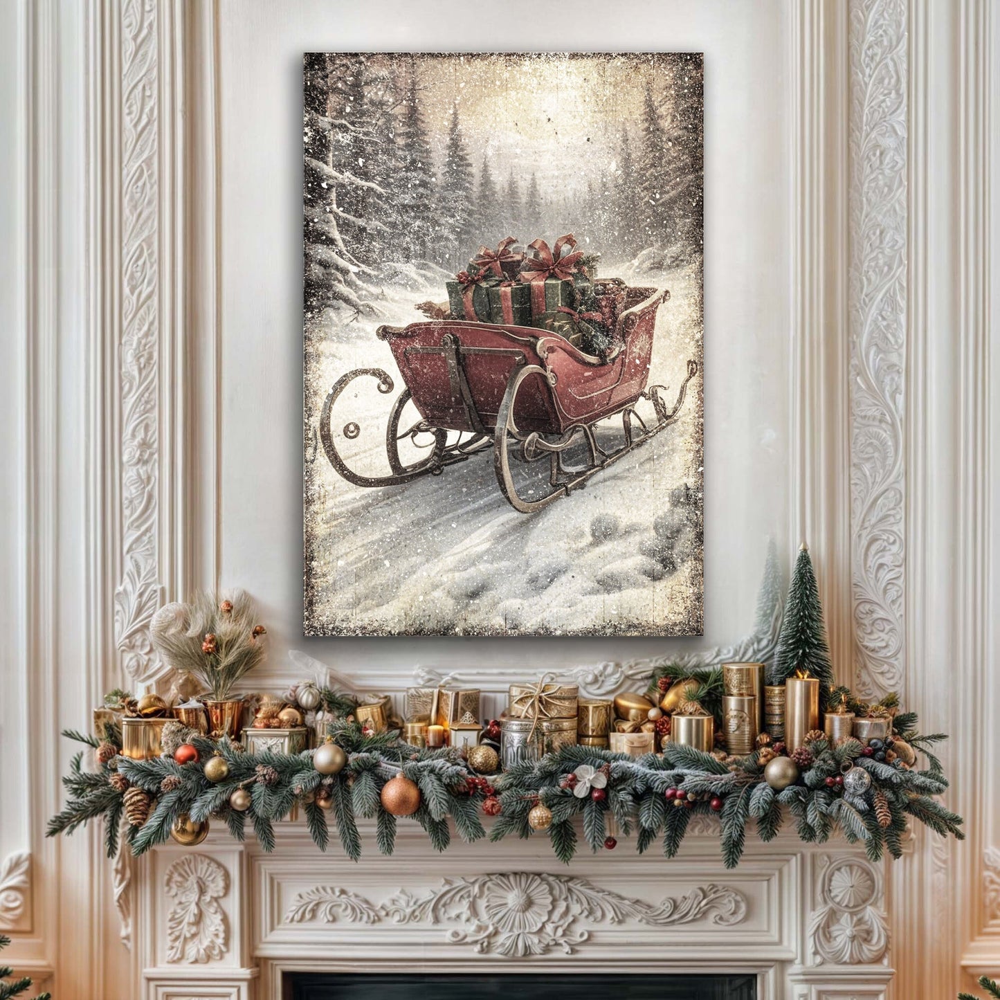 Vintage Christmas Sleigh Sled Canvas Wall Art