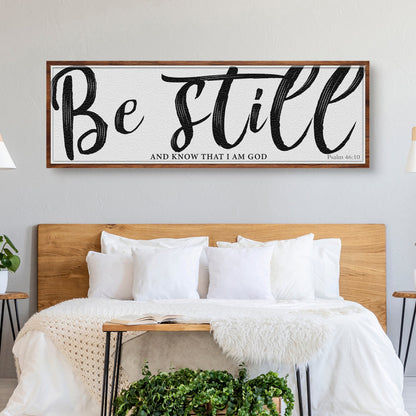 Psalm 46:10 Be Still Bold Brush Script canvas shown in a styled room setting, view 3