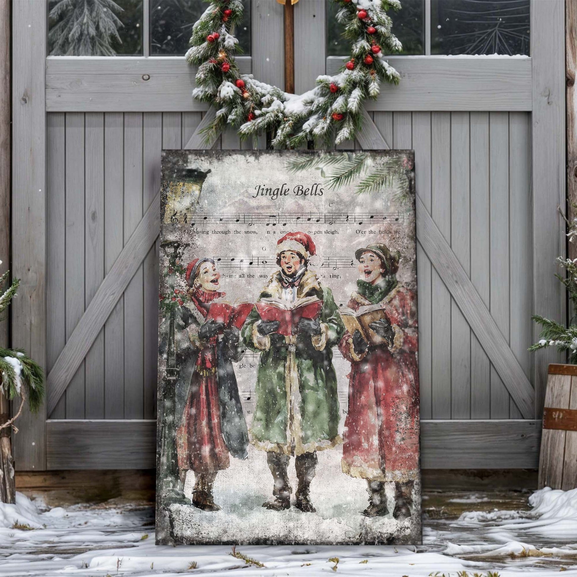 Vintage Christmas Carolers canvas wall art II, nostalgic holiday caroling scene illustration