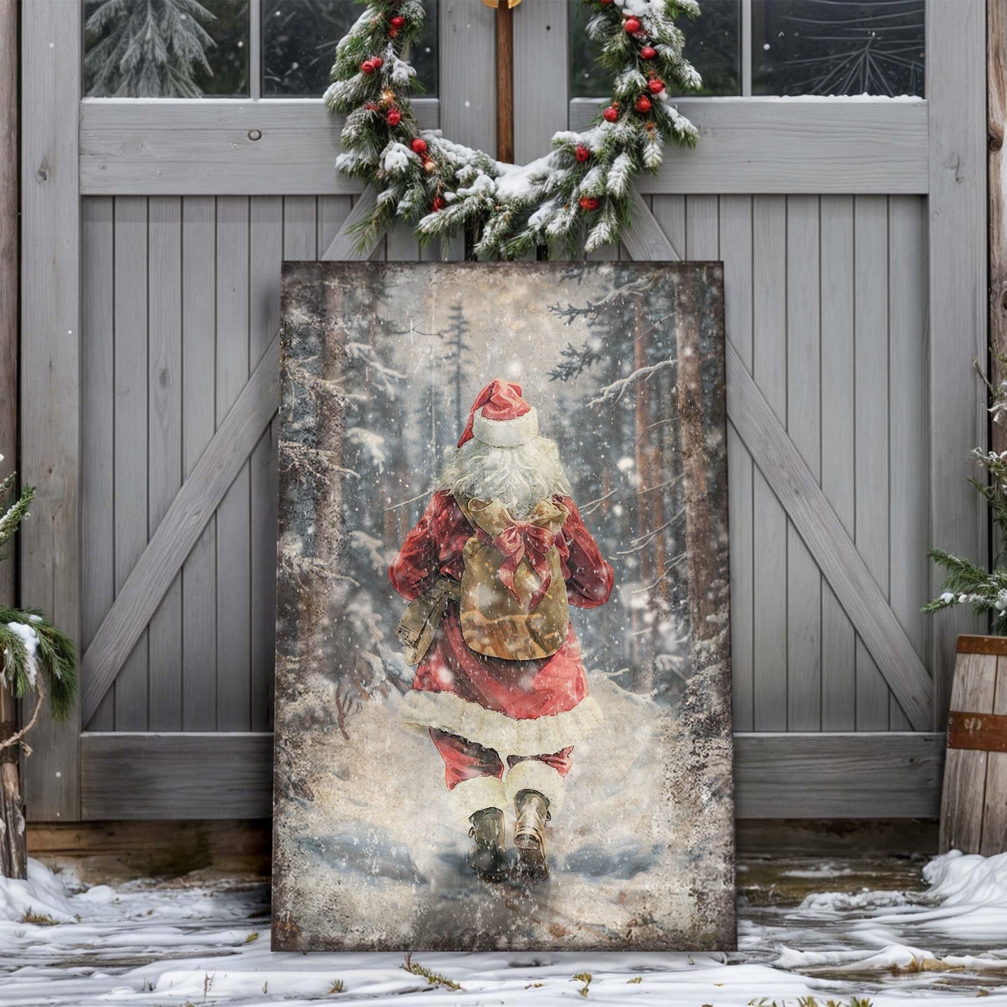 Vintage Santa in Winter Forest Christmas Canvas Wall Art
