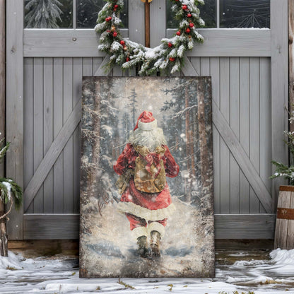 Vintage Santa in Winter Forest Christmas Canvas Wall Art