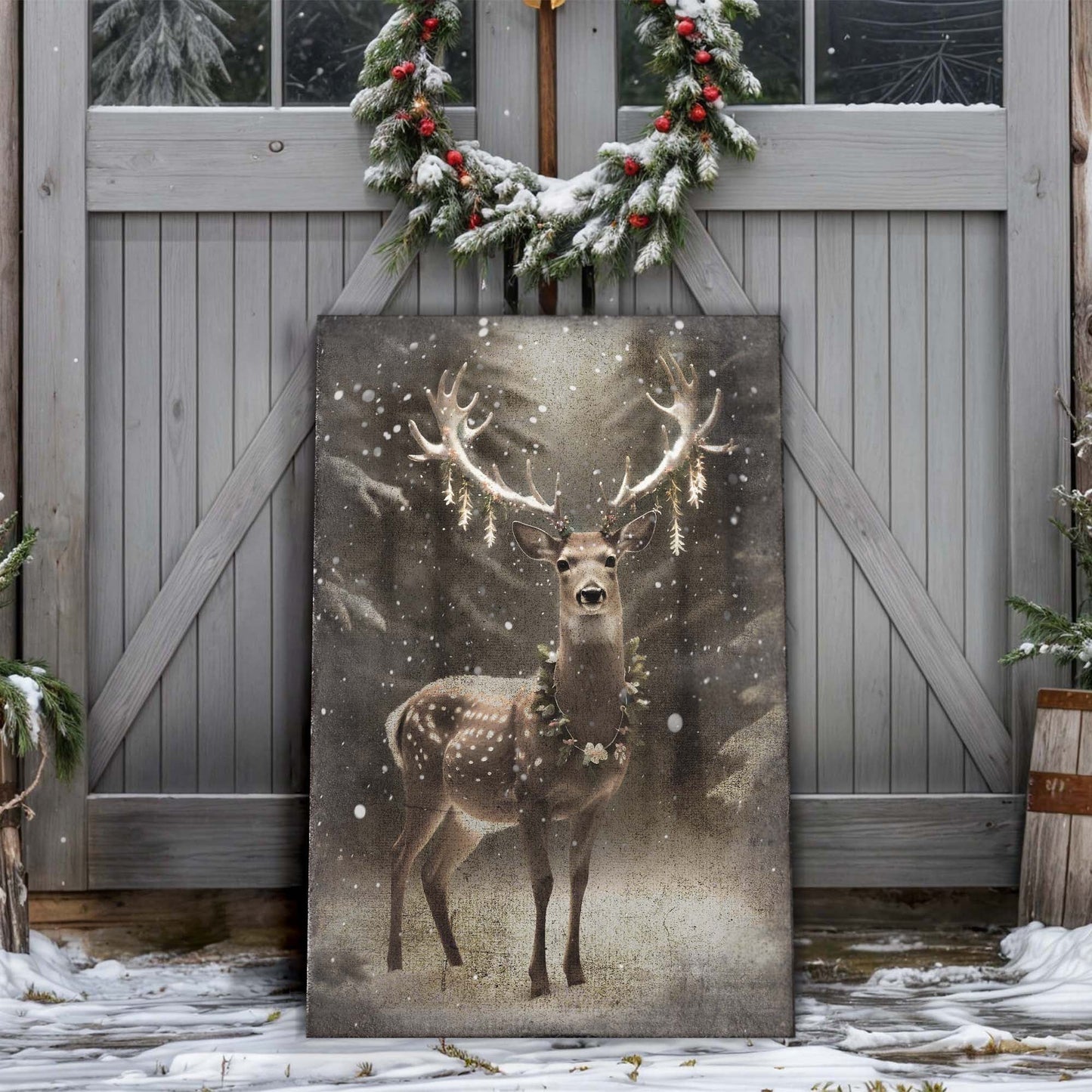 Vintage Winter Deer Canvas Wall Art