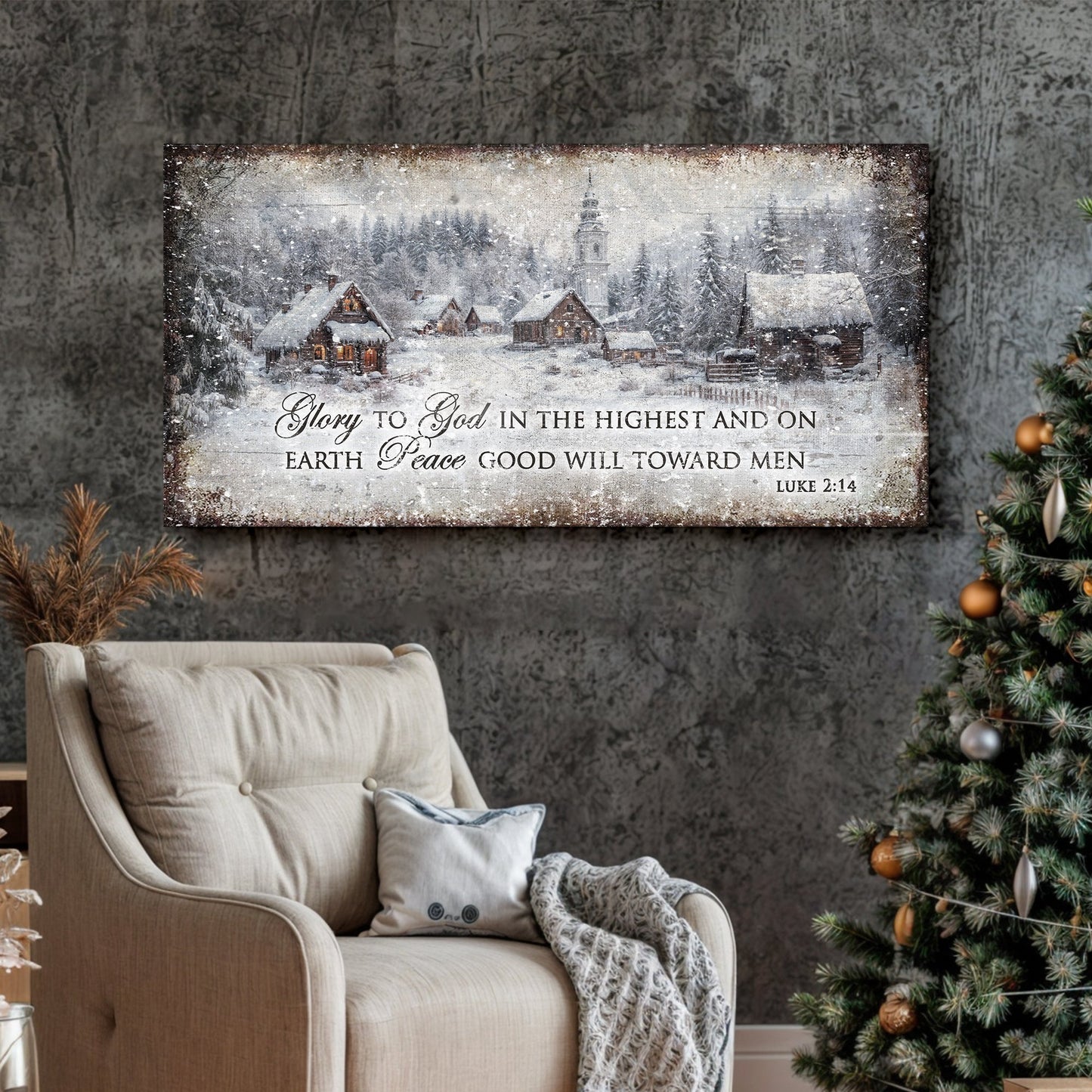 Vintage Christmas Village Luke 2:14 Scripture Canvas