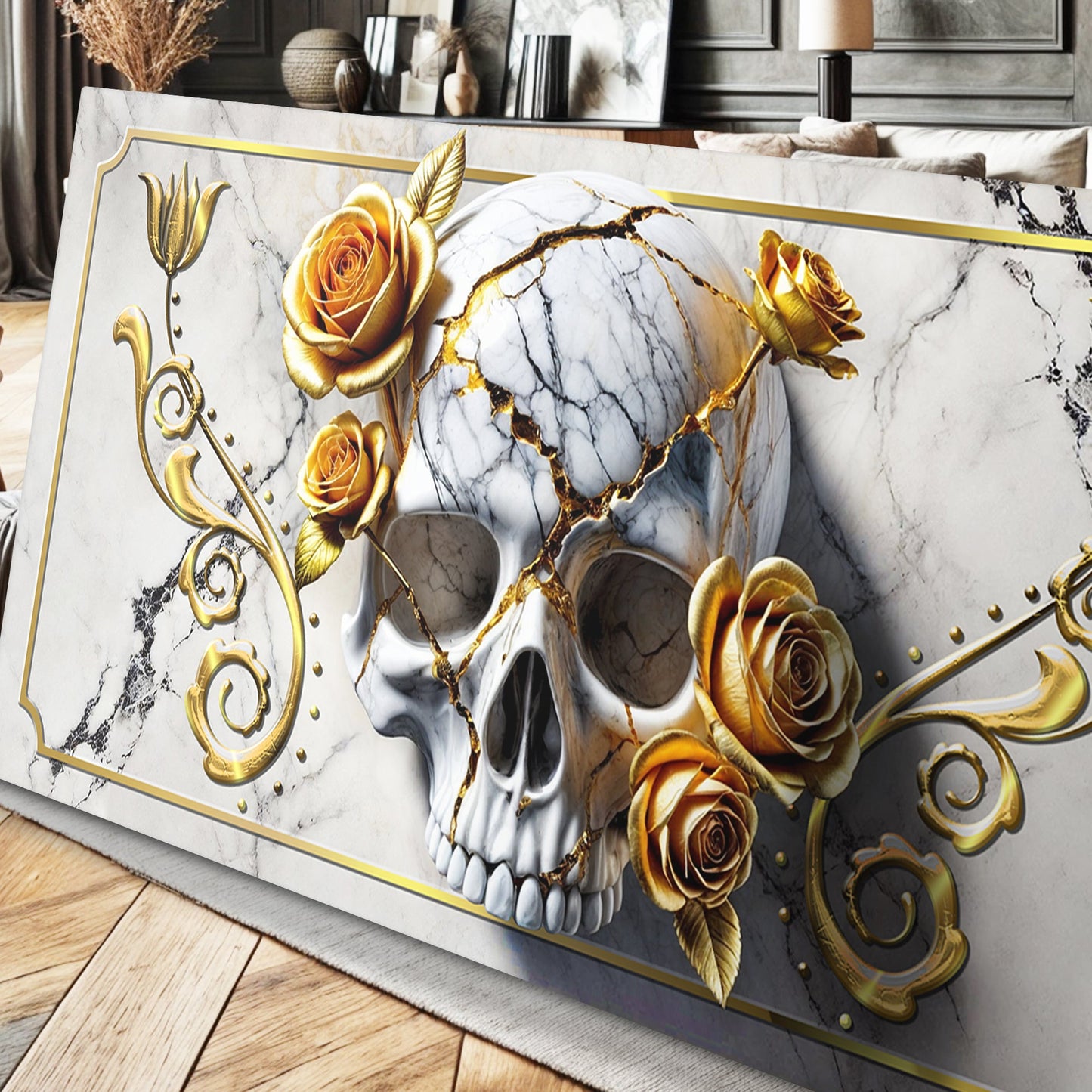 3D Rose and Skull Canvas Wall Art