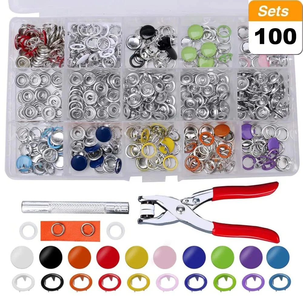 Snap Fastener Kit: 200 Sets Metal Prong Button Tool