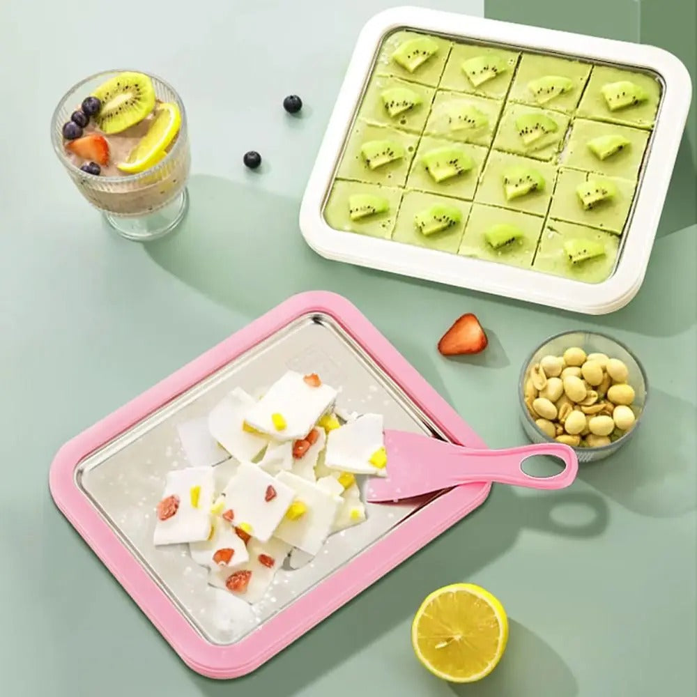 Rolled ice cream maker with stainless steel cold plate and spatulas