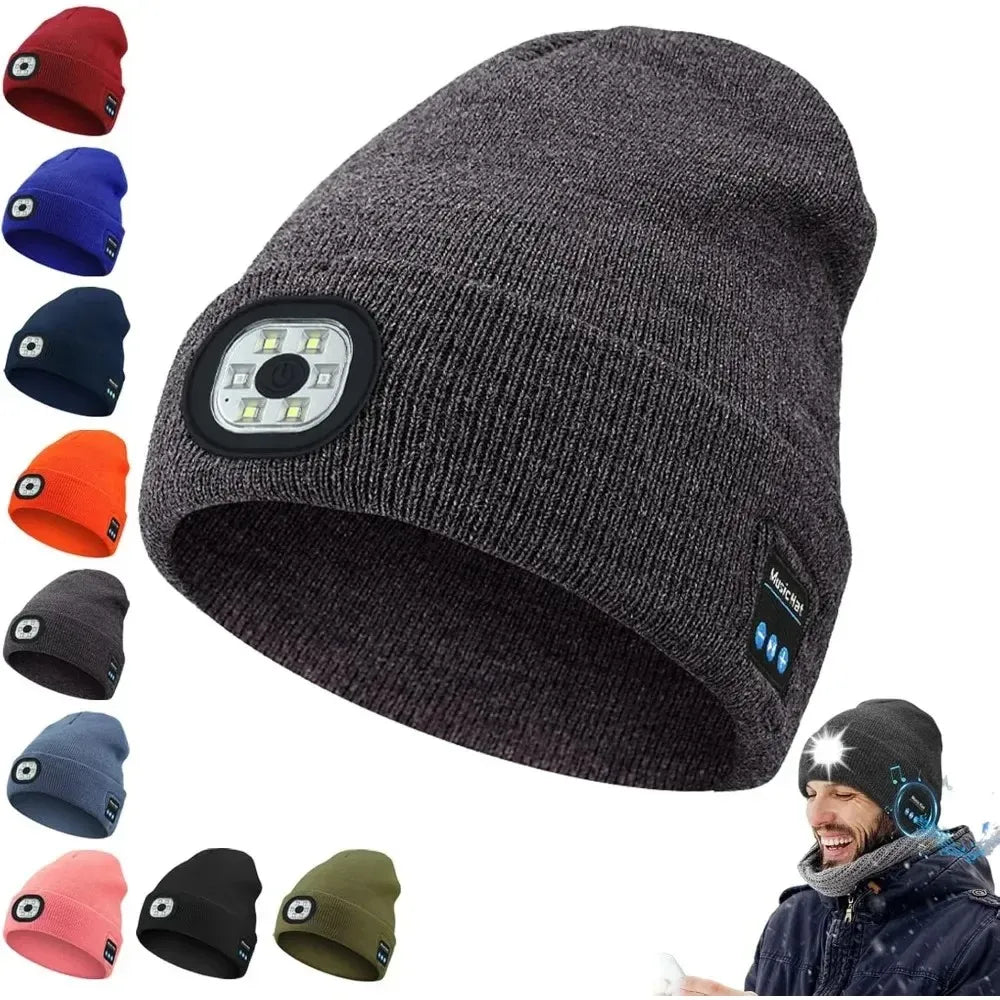 LED Bluetooth Beanie Hat - Rechargeable Headlight & Wireless Headphones