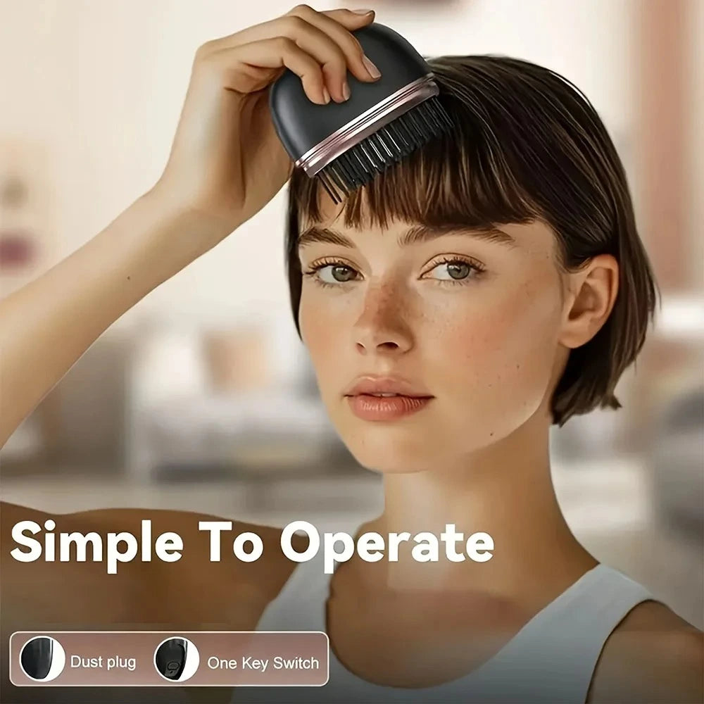 Woman using Wireless Hair Straightening Comb with text 'Simple To Operate' on a blurred background