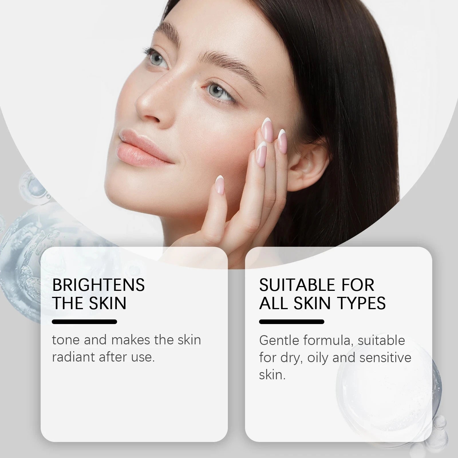 Woman touching her face with a product labeled 'Brightens the skin' and 'Suitable for all skin types'.