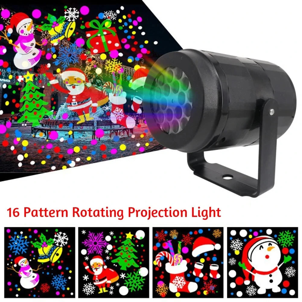 16 Pattern Rotating Projection Light with Christmas-themed patterns on a white background