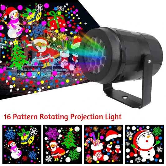 16 Pattern Rotating Projection Light with Christmas-themed patterns on a white background