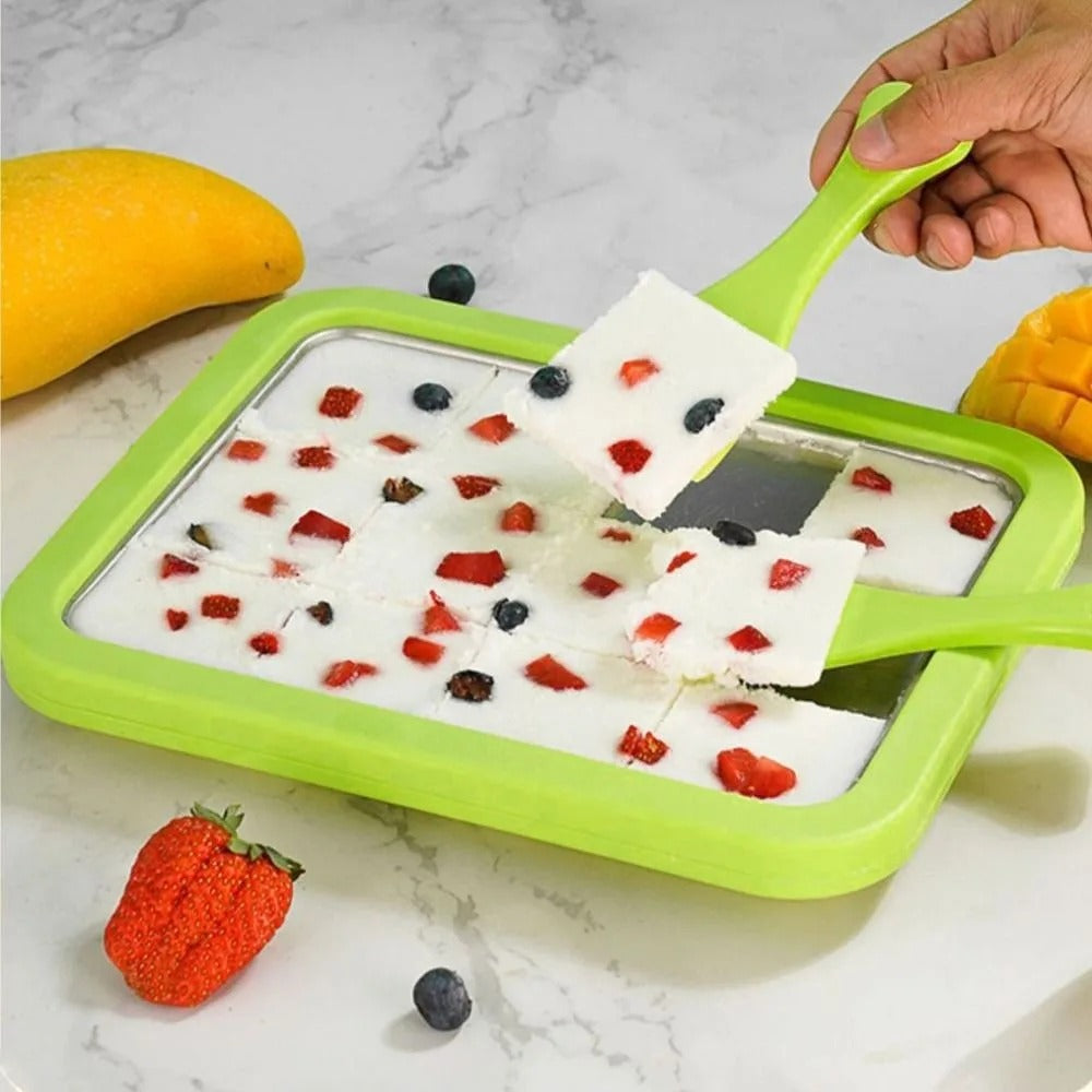 Kids using frozen yogurt maker with fruit toppings at home.